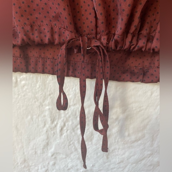 Zara Basics brown / black Swiss dot button up silky blouse, drawstring hem; S - Picture 3 of 8